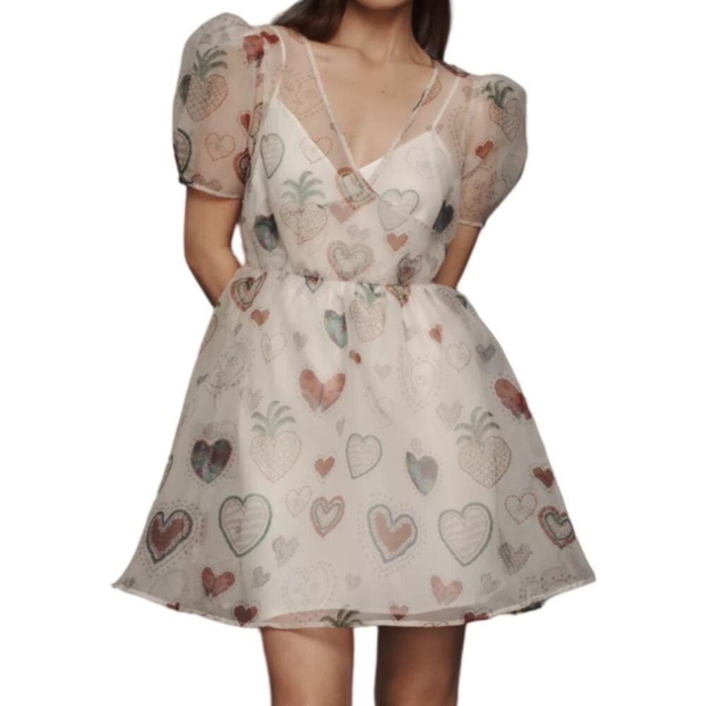 Farm Rio x Anthropologie Semi-Sheer Puff-Sleeve Dress Size L